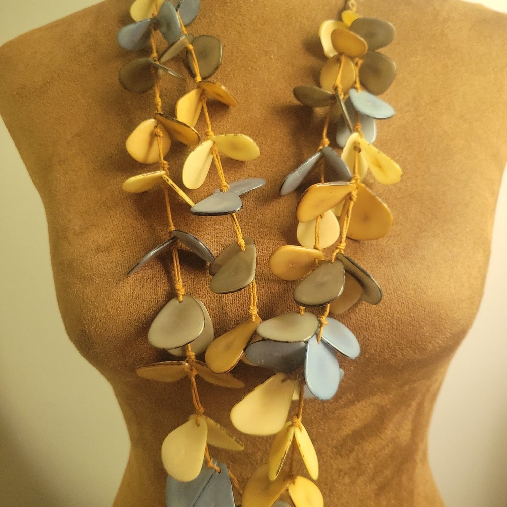 Natural Tagua Nut Statement Necklace Blue Tan Adjustable 32" One Size